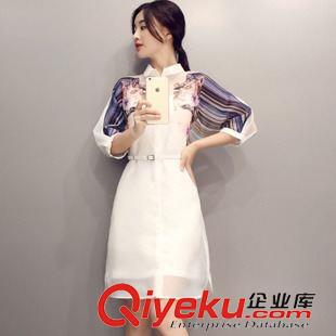 歐洲站時(shí)尚專區(qū) 歐洲站2015新款夏季女裝 印花歐根紗高腰五分袖中長(zhǎng)連衣裙襯衫裙原始圖片3