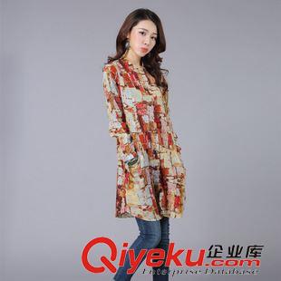 棉麻系列專區 2015秋季新款文藝風中長款修身長袖時尚印花棉麻襯衫 一件代發原始圖片3