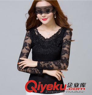 爆款推薦 大碼女裝2015秋冬新款韓版繡花蕾絲衫修身V領(lǐng)網(wǎng)紗T恤長袖打底衫潮原始圖片3