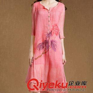 真絲系列 2015夏季新品 民族風(fēng)女裝高端高仿真絲中長款氣質(zhì)印花連衣裙原始圖片2
