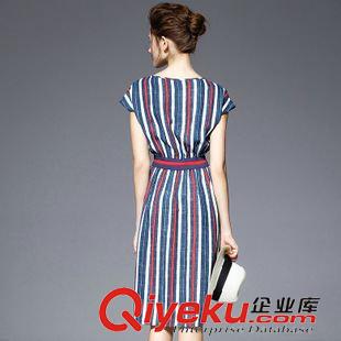 棉麻系列 2015夏季新款 女簡(jiǎn)約英倫條紋圓領(lǐng)修身撞色 棉麻連衣裙原始圖片2