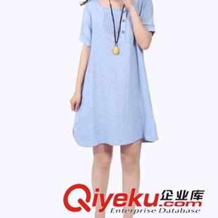 4月新款2期 2015夏裝新款韓版圓領(lǐng)顯瘦A字裙套頭短袖棉麻連衣裙原始圖片2