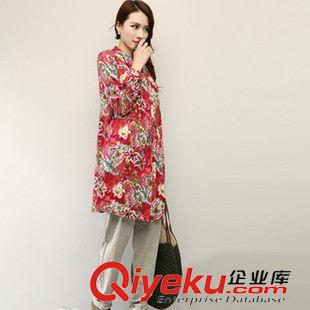 3月新款 2014民族風大碼女裝 中長款花襯衫女長袖立領(lǐng)棉麻襯衣原始圖片3