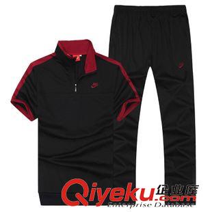 套裝 批發(fā)男裝運(yùn)動(dòng)短袖套裝 夏季休閑翻領(lǐng)T恤男士針織長褲歐美拼接套裝原始圖片2