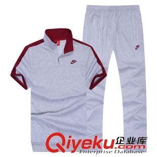 套裝 批發(fā)男裝運(yùn)動(dòng)短袖套裝 夏季休閑翻領(lǐng)T恤男士針織長褲歐美拼接套裝原始圖片3