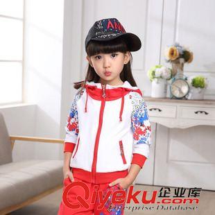 秋季女童專區 批發 秋季童裝韓版女童套裝時尚印花連帽拼色休閑運動套裝66076