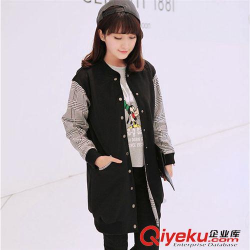 棒球服 A 東大門格子袖子拼接撞色中長款工裝棒球服外套風衣女潮一件代發(fā)原始圖片3