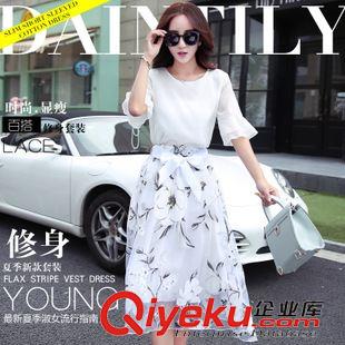 selection 實拍2015韓版女裝歐根紗套裝裙 雪紡短袖中長款兩件套連衣裙原始圖片2