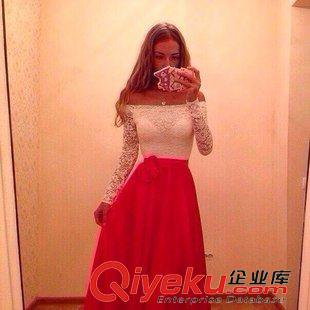 2015.7月新上 2015女裝歐美一字領大擺長袖雪紡連衣裙性感露肩長禮服裙ebay熱賣