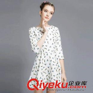 2015.5月新上 歐洲站2015春夏新款女裝 歐美時(shí)尚氣質(zhì)修身圓領(lǐng)七分袖印花連衣裙原始圖片2