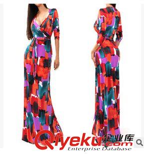 2015.8月第5批新上 速賣通ebay亞馬遜爆款性感V領(lǐng)印花修身包臀連衣長裙禮服原始圖片3