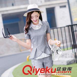 7月新款一期 2015夏季新款名媛修身棉麻上衣荷葉邊兩件套拼接女王必備款女套裝原始圖片2