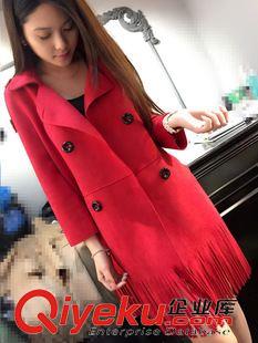 9月新品{dy}波 2015秋冬歐美gd女裝dp鹿皮絨風衣中長款大衣時尚流蘇外套原始圖片2