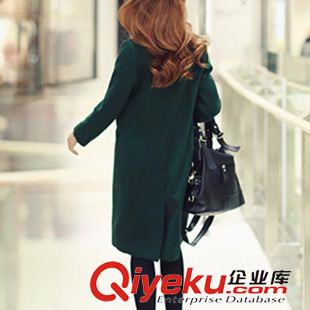 呢類大衣 廠家直銷秋冬熱銷韓版女裝翻領(lǐng)中長款墨綠色毛呢大衣一件代發(fā)原始圖片3