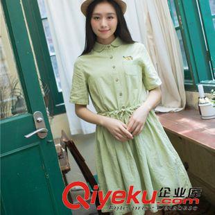 6月26日實拍新款 2015夏季森女翻領顯瘦刺繡小鹿圖案短袖收腰小清新女連衣裙原始圖片2