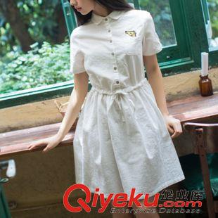 6月26日實拍新款 2015夏季森女翻領顯瘦刺繡小鹿圖案短袖收腰小清新女連衣裙原始圖片3