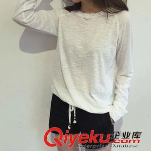 T恤 2015新款初秋寬松圓領薄款竹節棉長袖女純色T恤打底衫  女原始圖片2