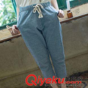 五分褲/七分褲/九分褲 2015新款夏季日系棉麻女條紋松緊腰綁帶薄款休閑七分褲褲子原始圖片2