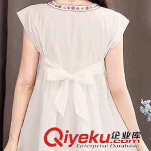 孕婦裙 夏季新款韓版孕婦裙 棉麻刺繡圓領短袖蝴蝶結(jié)系帶孕婦連衣裙原始圖片3