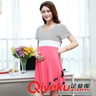 孕婦裙 孕婦裝 夏季新款韓版橫條紋拼接印花孕婦裙 撞色孕婦連衣裙