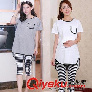 女式休閑套裝 孕婦裝 套裝夏季新款韓版寬松短袖上衣+托腹條紋7分褲兩件套