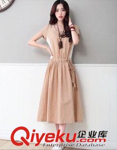 2015新款連衣裙 夏裝新款女裙學(xué)生連衣裙夏文藝范棉麻中長(zhǎng)款短袖亞麻裙A字裙