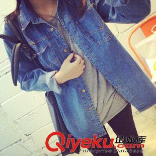 2015新款牛仔外套 韓國復古寬松百搭牛仔襯衫女BF風中長款翻領長袖襯衣外套原始圖片2