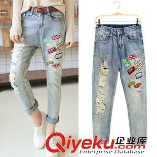 牛仔褲 春秋新品韓國(guó)代購(gòu)后口袋撞色破洞乞丐褲寬松牛仔褲