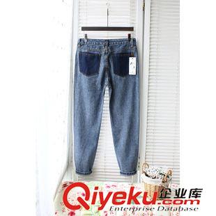 牛仔褲 春秋新品韓國(guó)代購(gòu)后口袋撞色破洞乞丐褲寬松牛仔褲原始圖片2