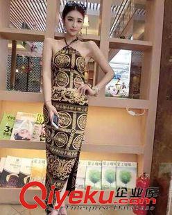 夜店裝 4934#新款歐美風時尚氣質金色圖騰性感掛脖鏤空露腰開叉連衣裙