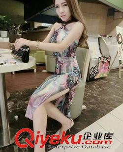 夜店裝 4934#新款歐美風時尚氣質金色圖騰性感掛脖鏤空露腰開叉連衣裙