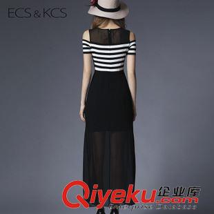 2015夏季新品 2015夏裝新款時尚露肩撞色拼接雪紡高腰短袖連衣裙女長裙原始圖片3