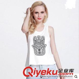 歐美風 2015歐美范街頭款法蒂瑪幸運之手圖案印花圓領工字棉背心