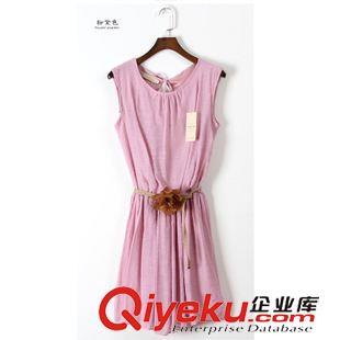 連衣裙 2015 夏新款韓版修身純色亞麻女士中長款百褶花苞背心棉麻連衣裙原始圖片3
