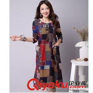 19區(qū) 2015新款大碼女裝文藝范棉麻印花寬松長袖不規(guī)則連衣裙原始圖片3