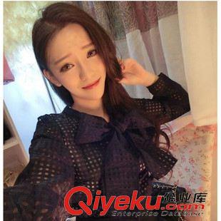 長袖襯衫/蕾絲衫 網(wǎng)店代理  品牌女裝代理加盟名媛范 小方格胸前大蝴蝶結(jié)襯衫原始圖片2