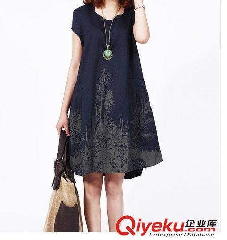 棉麻大碼女裝 新款夏裝森女系高端品質休閑寬松大碼水墨印花棉麻短袖連衣6660原始圖片2