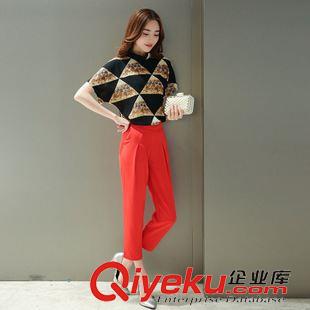 時尚歐韓女套裝 歐洲站2015夏季新款時尚蝙蝠袖印花雪紡上衣+哈倫褲套裝女