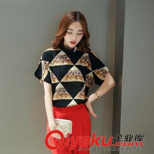 時尚歐韓女套裝 歐洲站2015夏季新款時尚蝙蝠袖印花雪紡上衣+哈倫褲套裝女