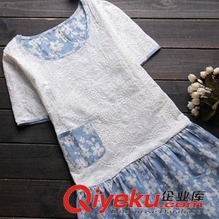 【森女棉麻連衣裙】 2015夏季新款日系森女系棉麻女裝刺繡花拼接短袖襯衫連衣裙