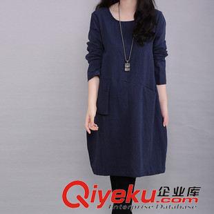 【掌柜推薦】 2015秋季裝新款森女棉麻大碼連衣裙女圓領長袖拼接棉麻連衣裙原始圖片2