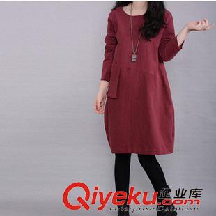 【掌柜推薦】 2015秋季裝新款森女棉麻大碼連衣裙女圓領長袖拼接棉麻連衣裙原始圖片3