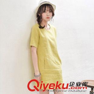 【掌柜推薦】 2015夏裝新款森女短袖棉麻修身連衣裙寬松女裝亞麻打底裙原始圖片2