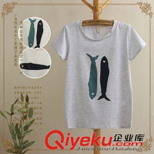 【夏季新品】 2015夏季新款圓領套頭雙魚印花圖案棉質短袖T恤日系森女系原始圖片3