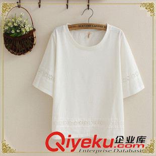 【夏季新品】 2015日系森林系夏季新款女裝純色蕾絲拼接圓領(lǐng)純棉短袖T恤