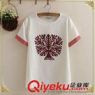 【夏季新品】 2015夏季森女系清新梅花鹿貼布繡花棉麻鏤空拼接短袖寬松T恤