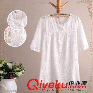 【夏季新品】 2015夏季新款森女系藍(lán)色棉麻不對(duì)稱(chēng)點(diǎn)點(diǎn)拼接T恤女式上衣女