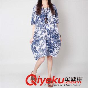 【七月新款】 2015夏大碼女裝復(fù)古印花裙子寬松A字裙棉麻五分袖連衣裙 夏季