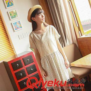 【七月下旬新款棉麻】 2015新款日系森女文藝范復古條紋拼接棉麻短袖連衣裙夏裝女原始圖片2