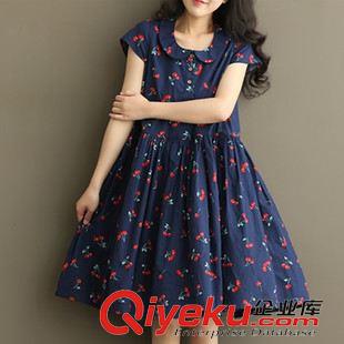 【八月新款棉麻連衣裙】 2015新款秋裝森女文藝小清新櫻桃印花棉麻短袖寬松連衣裙原始圖片2